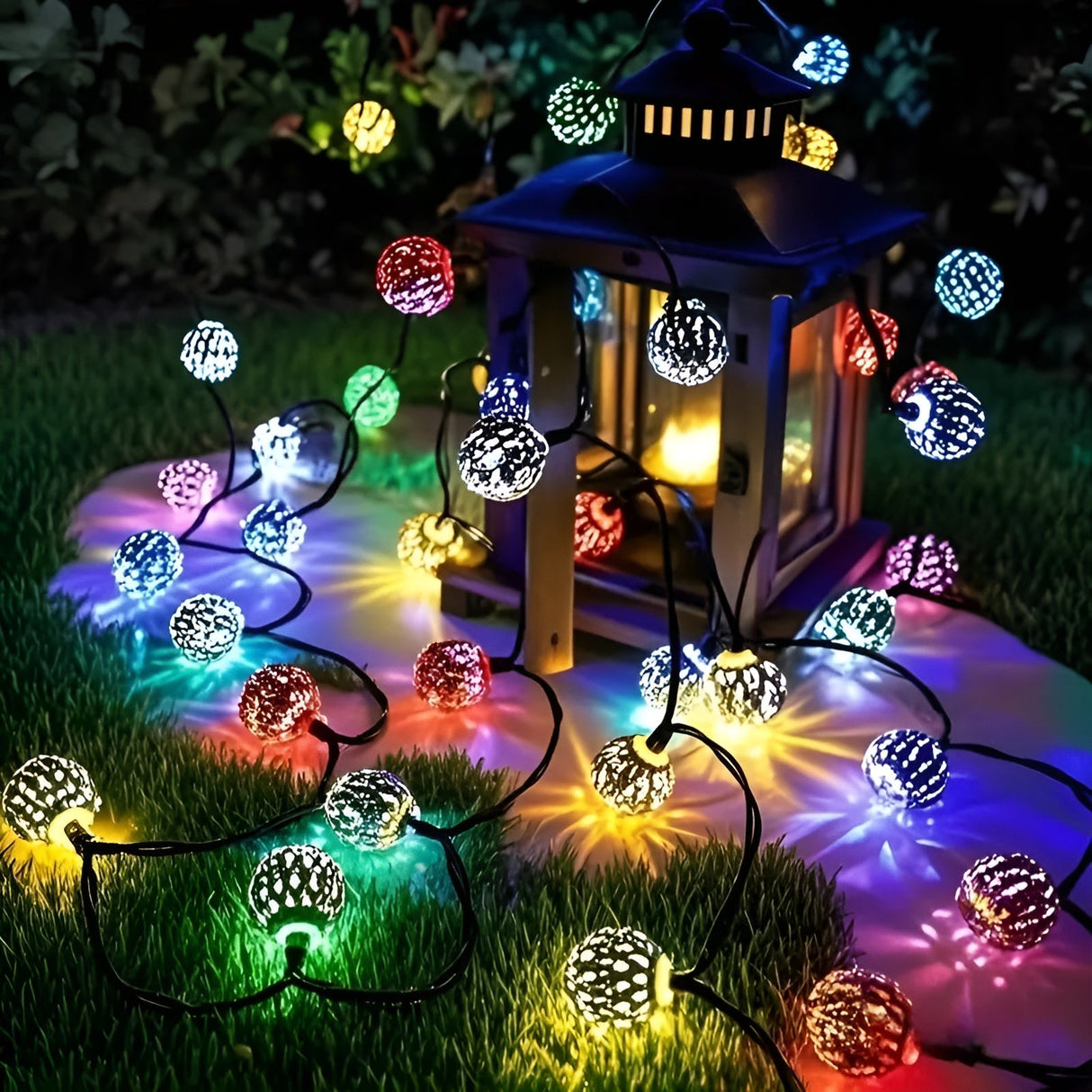 Solbollar ljus i marockansk stil – Färgglada LED-strängljus för trädgård och balkong Carvallo