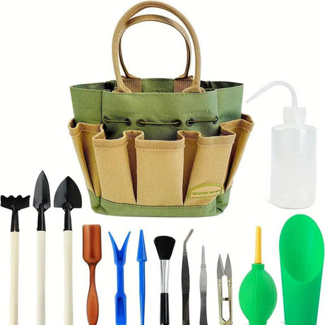 Carvallo Mini Trädgårdsverktyg-set | 13-delar | För Bonsai, suckulenter & rumsväxter | Med organiseringsväska Carvallo
