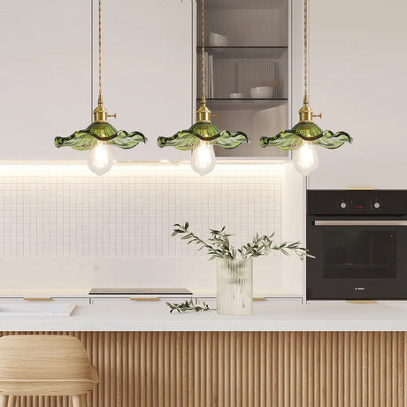 Art Nouveau Fluted Glass Pendant | Flower-Inspired Shade | H4.72in x D9.06-23.62in | Brass & Glass Craftsmanship | Brick by Brick Carvallo