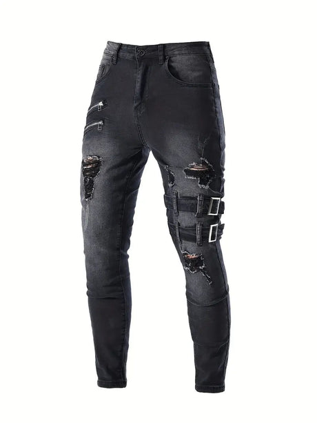 Herr Biker Jeans Avslappnad Denim Med Quiltade Detaljer Hemnix