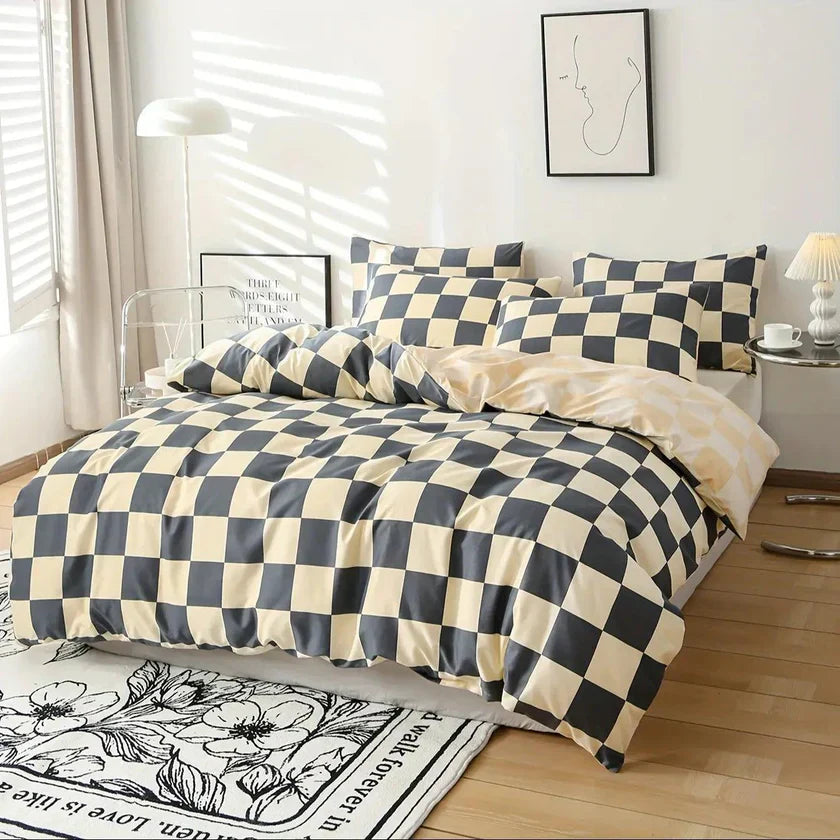 PureGrid - Mjukt rutigt täcke- och kuddfodralset Carvallo