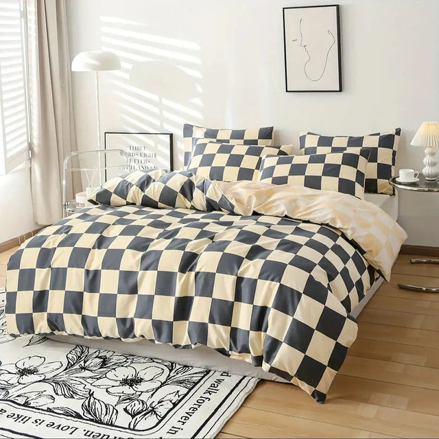 PureGrid - Mjukt rutigt täcke- och kuddfodralset Carvallo