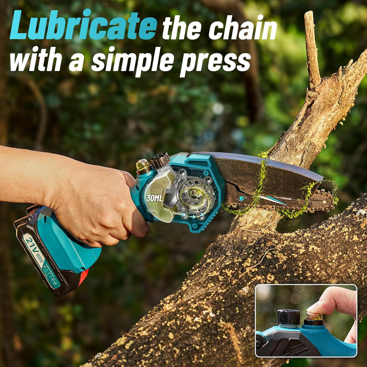 PowerCut Mini | Trådlös 6-tums kedjesåg för trädtrimning Carvallo