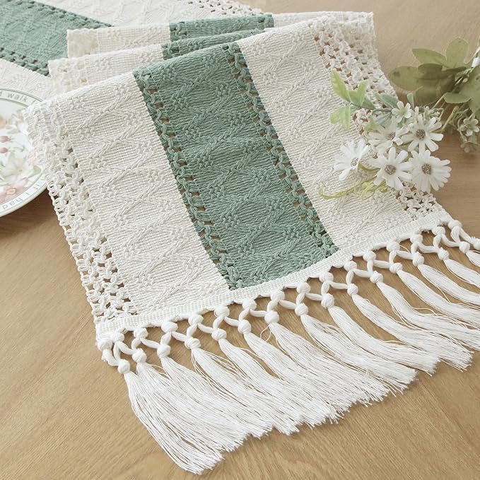 Boho Macrame-bordlöpare – Rustik säckvävsberlock med tofsar MILA Sverige