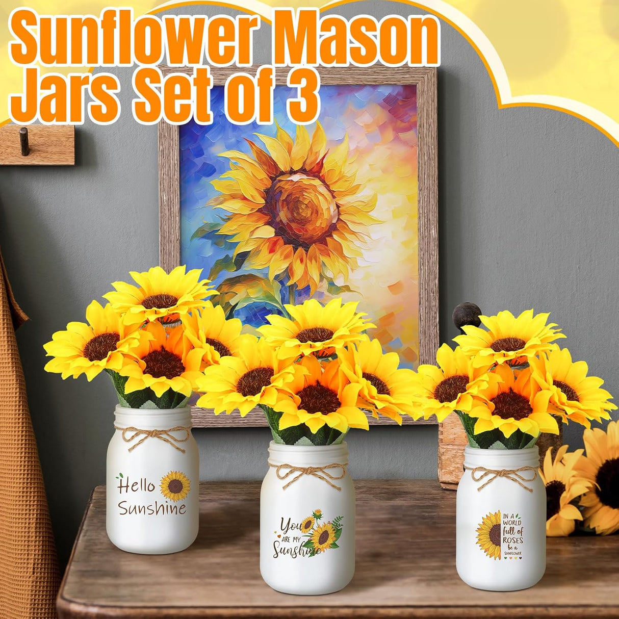 Set med 3 bordsdekorationer i masonburk med solrosmotiv – Rustik bordsdekoration MILA Sverige