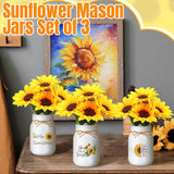 Set med 3 bordsdekorationer i masonburk med solrosmotiv – Rustik bordsdekoration MILA Sverige