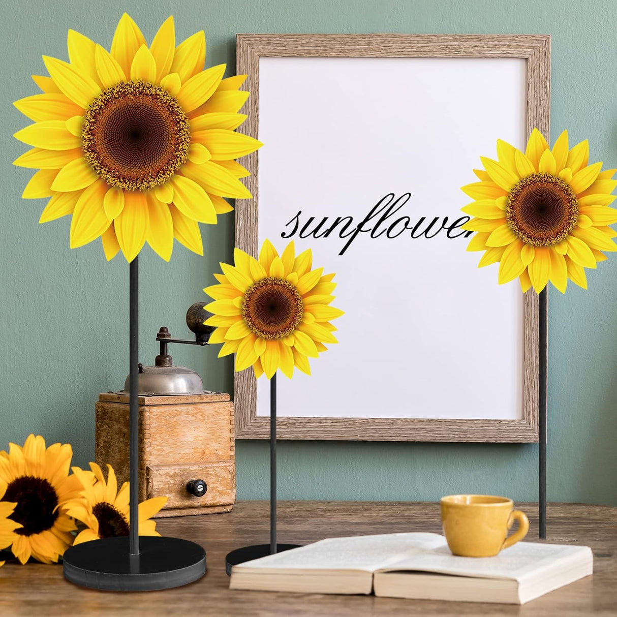 Rustikt träbordsdekorationsset med solrosor och fjärilar – Perfekt för vår- och sommardekorationer MILA Sverige