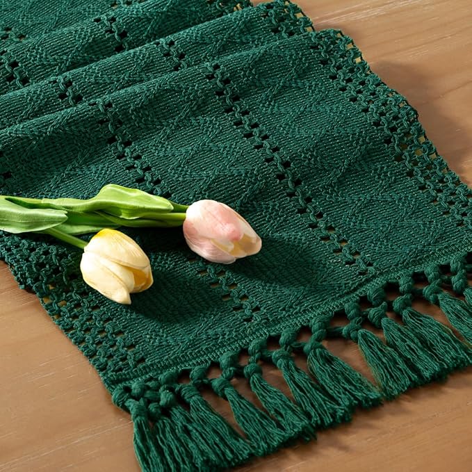 Boho Macrame-bordslöpare – Rustik bomulls- och linnedekor med tofsar MILA Sverige