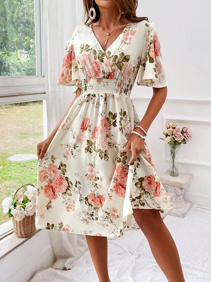 Dam A-linje Klänning Blommig V-ringning Polyester för Sommar och Fest