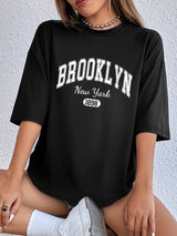 Kvinnors T-shirt Cirkulär Hals Brooklyn-tryck Bomull-T-shirts-Bellasverige-Svart-XS-Hemnix