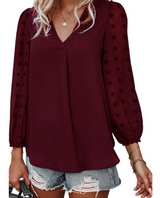 Dam Festtopp Långärmad Hackad Halsringning Mjuk Polyester-Kvinnors toppar-Hemnix-Burgund-S-Hemnix