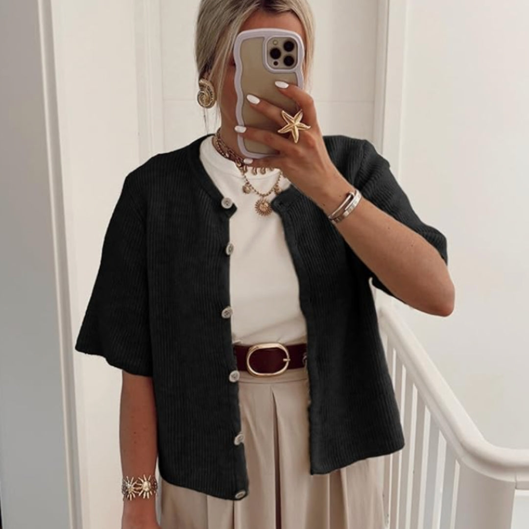 Jasmine™ Stickad Kofta med Halvlånga Ärmar-Hemnix-Svart-S-Hemnix