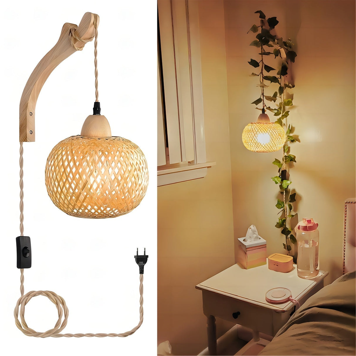 Rustik bambu vägglampa – vävd skärm med stickkontakt i vintage stil Carvallo