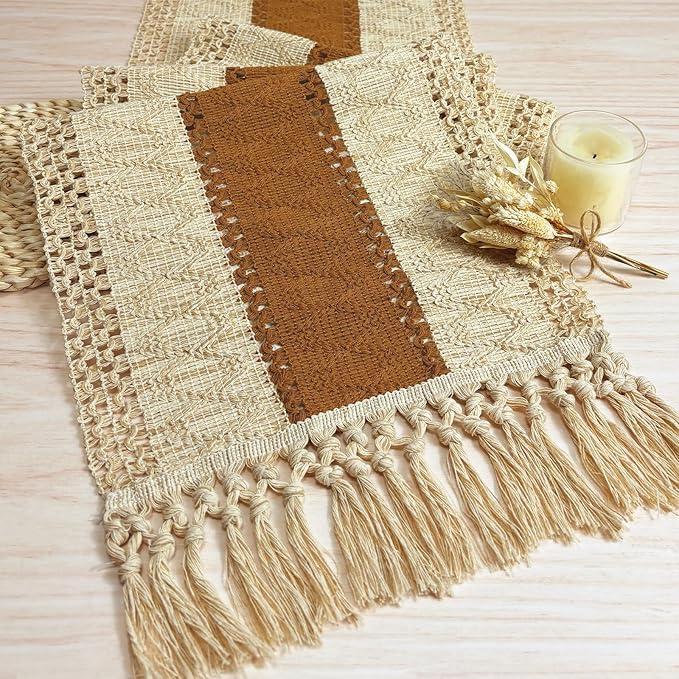 Boho Macrame-bordlöpare – Rustik säckvävsberlock med tofsar MILA Sverige