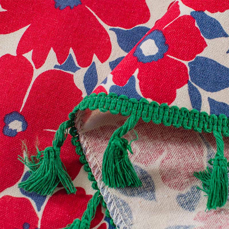 Röd blommig tryck fringed lager gardin i bomull linne Carvallo