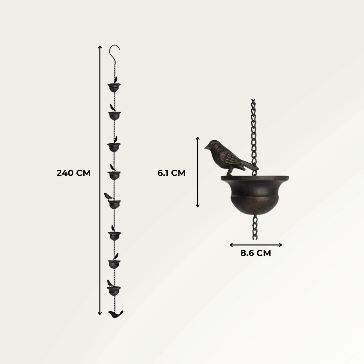 RainSong – Hängande regnkedja i metall för utomhusbruk med dekorativa fåglar och koppdetaljer MILA Sverige