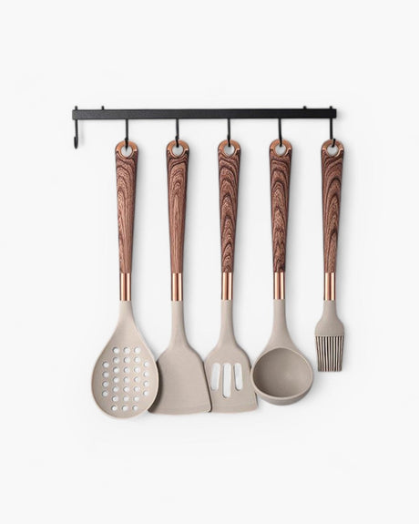 Silicone Kokkverktyg Set | 11 Delar med Guld & Trä Design | Nonstick Säkra Verktyg Carvallo