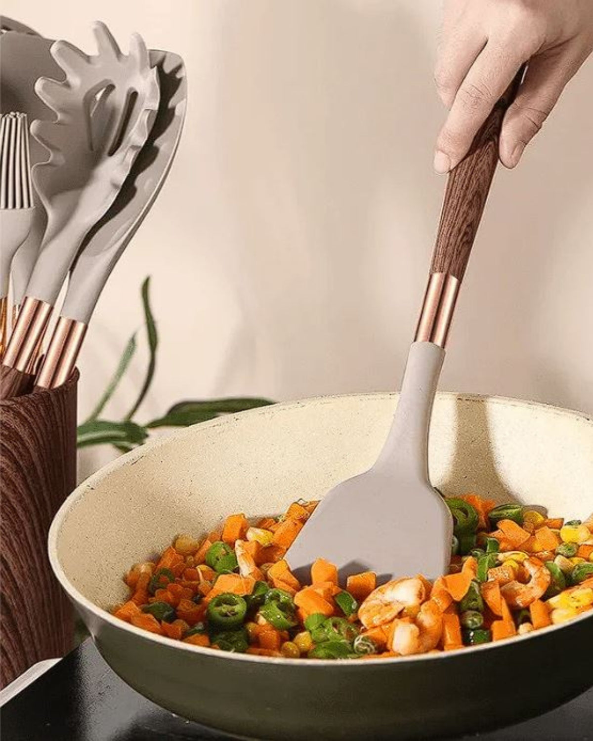 11-delars Köksredskap i Silikon – Non-Stick Kökset med Faux Wood & Metallhandtag Hemnix