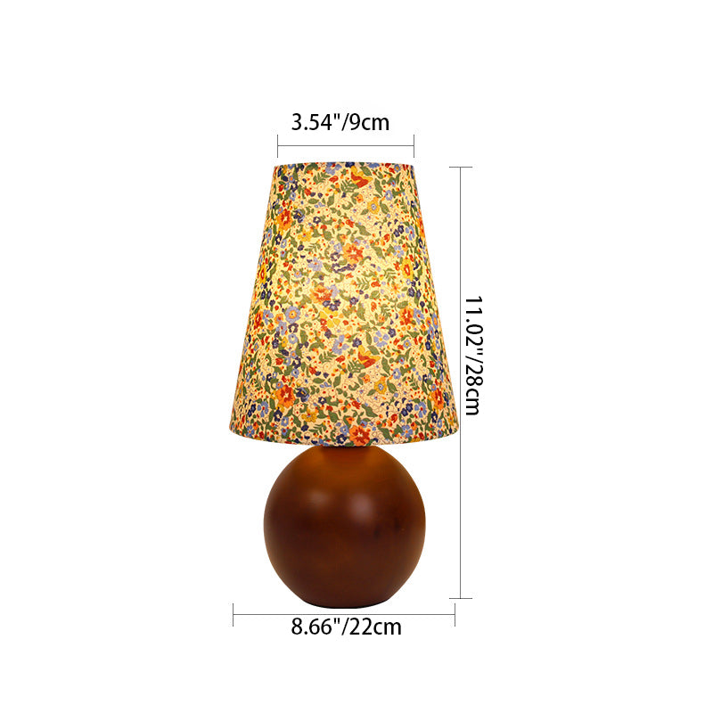 Vintage rund LED-bordslampa – handmålad blommig trä- och tygdesign MILA Sverige