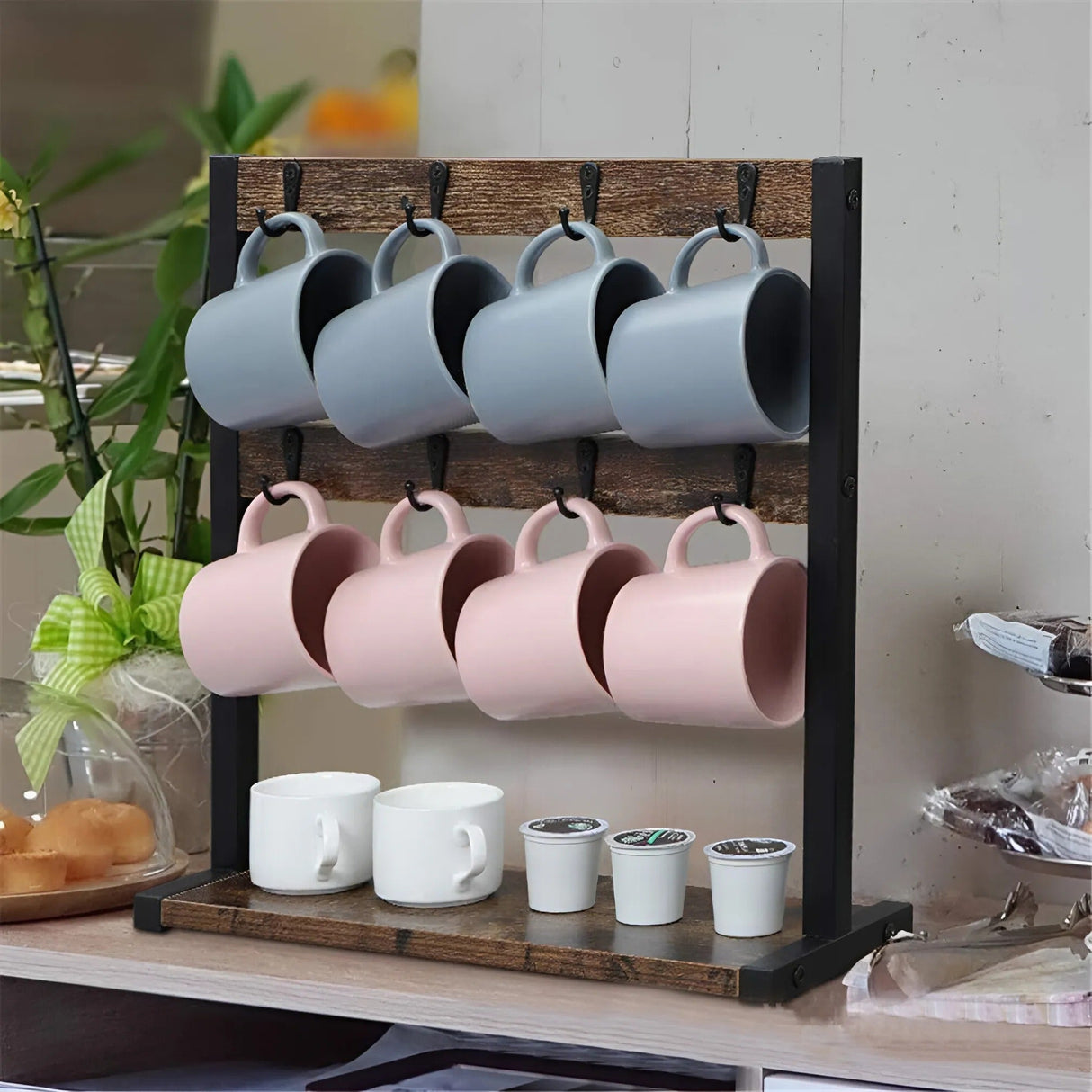 BaristaRack Trä Mugghållare – 2 Våningar med 16 Krokar i Vintage Stil Hemnix