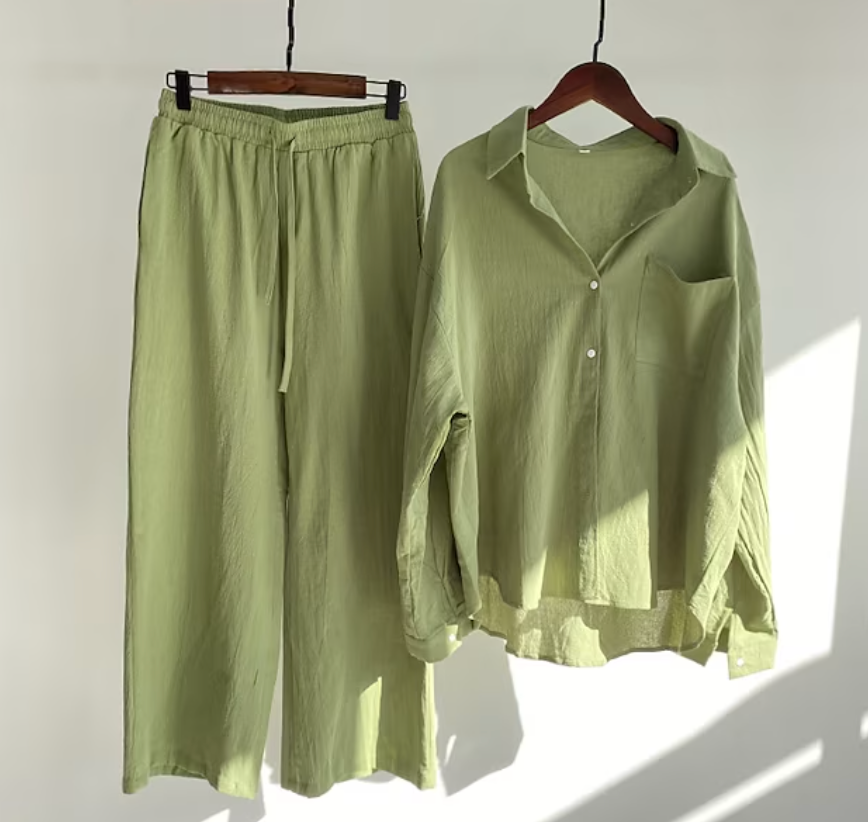 Tvådelat Set Dam Elegant Linne Topp och Byxor