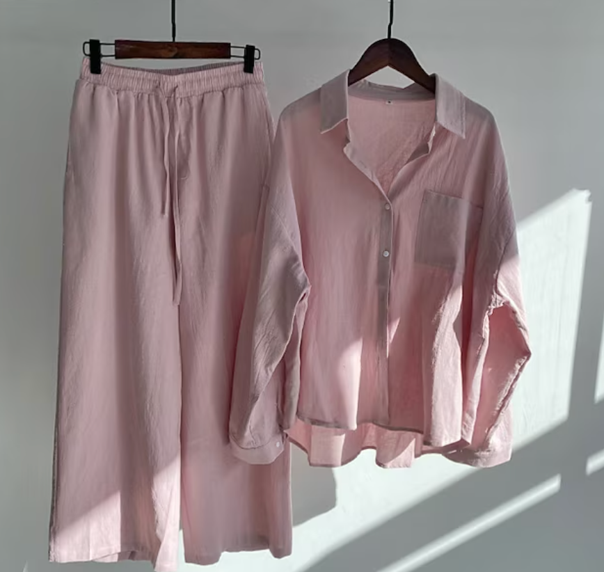 Tvådelat Set Dam Elegant Linne Topp och Byxor