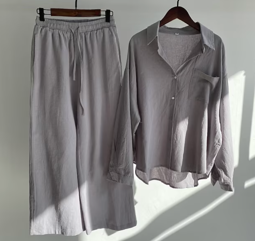 Tvådelat Set Dam Elegant Linne Topp och Byxor