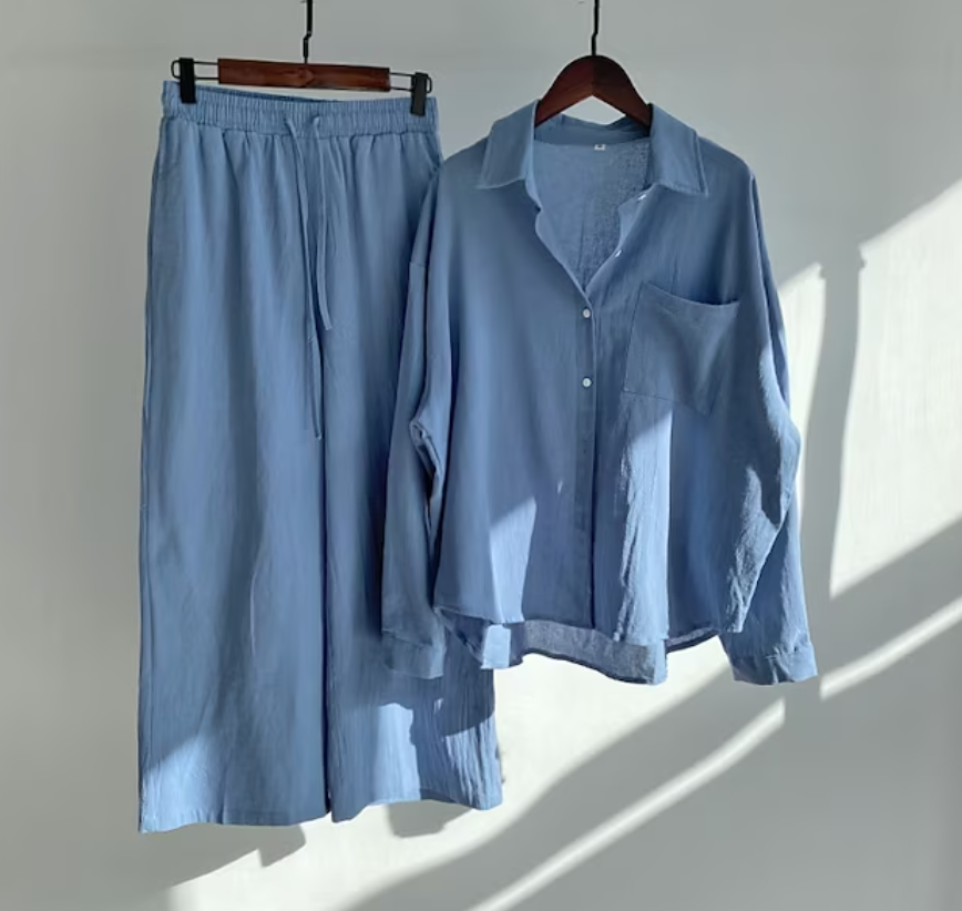 Tvådelat Set Dam Elegant Linne Topp och Byxor