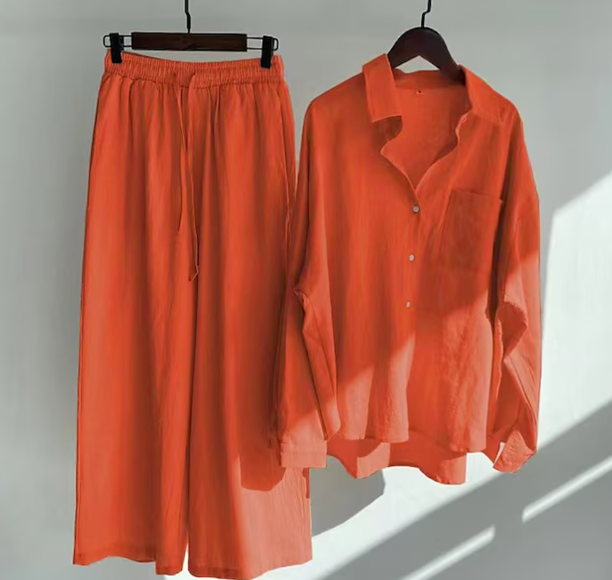 Tvådelat Set Dam Elegant Linne Topp och Byxor