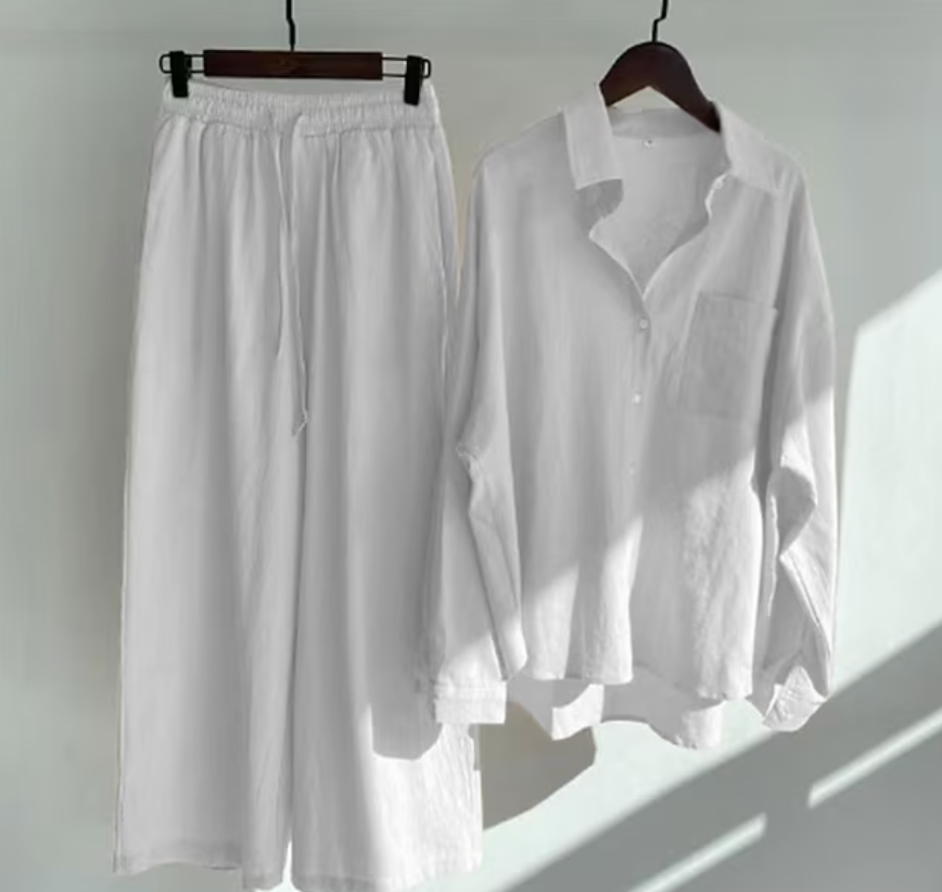 Tvådelat Set Dam Elegant Linne Topp och Byxor