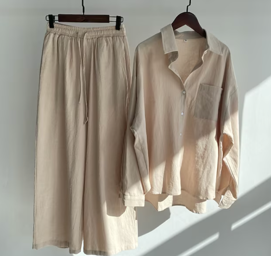 Tvådelat Set Dam Elegant Linne Topp och Byxor