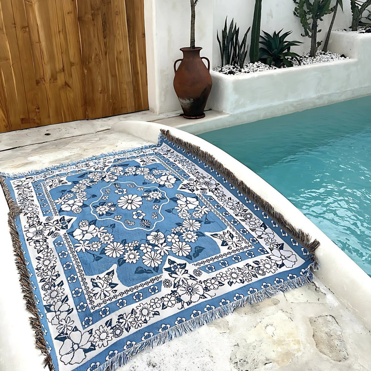 Lätt boho resefilt - Blå tusensköna blomma mönster Carvallo