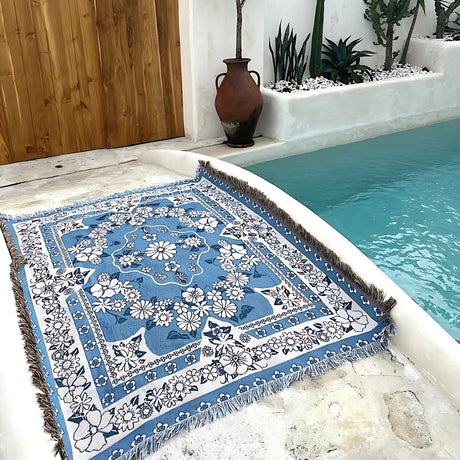 Lätt boho resefilt - Blå tusensköna blomma mönster Carvallo