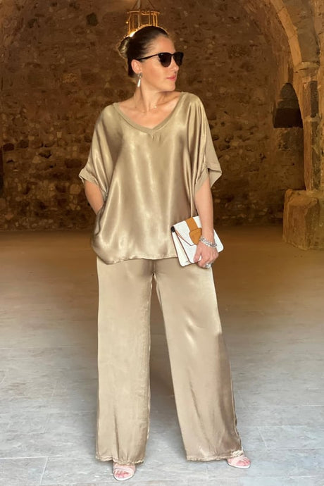 Kvinnors Tvådelad Satinuppsättning Elegant Design-[, ]-Bellasverige-Guld-S-Hemnix