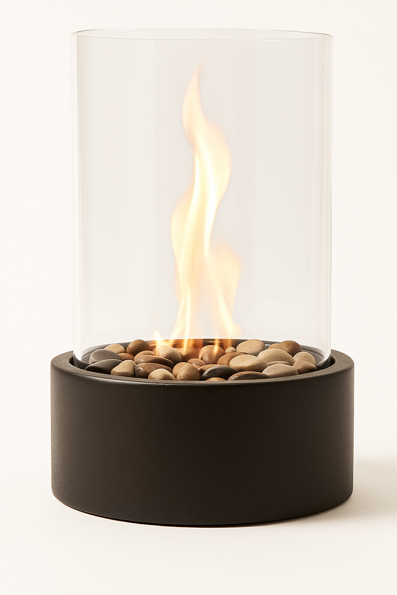 Bärbar flammtablettlykta | Gaskraftad med svart metall och glas | Inomhus- och utomhusambiance Carvallo