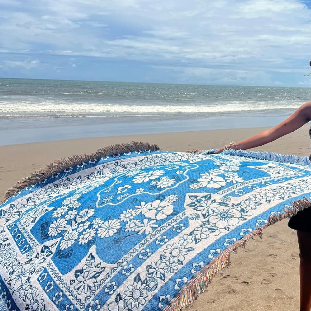 Lätt boho resefilt - Blå tusensköna blomma mönster Carvallo