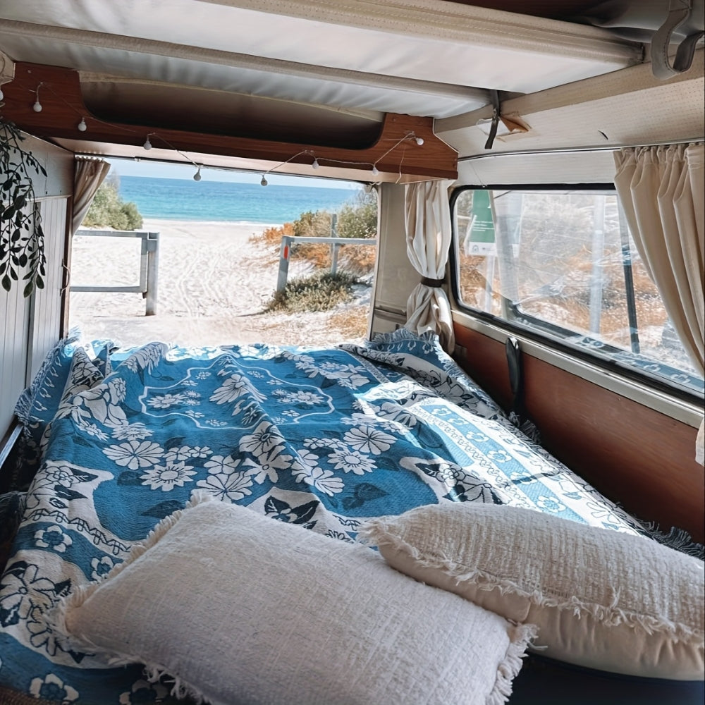 Lätt boho resefilt - Blå tusensköna blomma mönster Carvallo