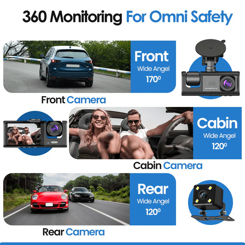 Dash Cam Triple Lens Bilkamera Nattvision Carvallo