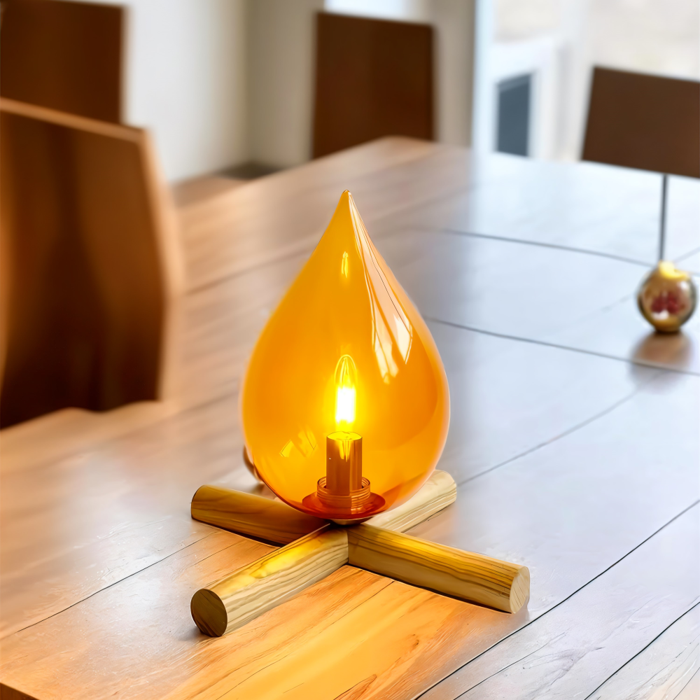 EmberNest Retro Bordslampa – LED Flammeffekt med Träfot Hemnix