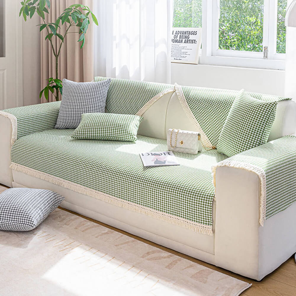 Houndstooth-mönster Elegant Fringed Mjuk Bomulls-linne Sofföverdrag Carvallo