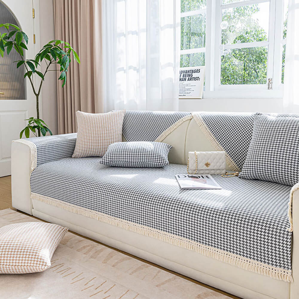 Houndstooth-mönster Elegant Fringed Mjuk Bomulls-linne Sofföverdrag Carvallo