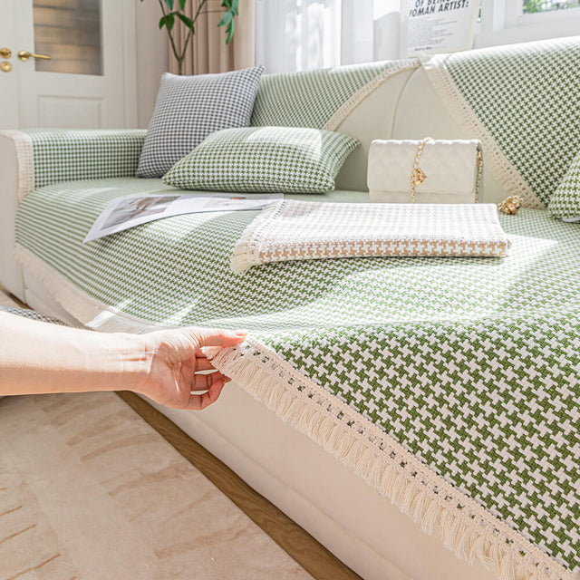 Houndstooth-mönster Elegant Fringed Mjuk Bomulls-linne Sofföverdrag Carvallo