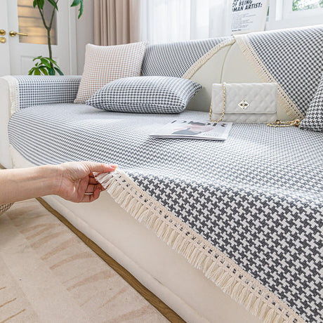 Houndstooth-mönster Elegant Fringed Mjuk Bomulls-linne Sofföverdrag Carvallo