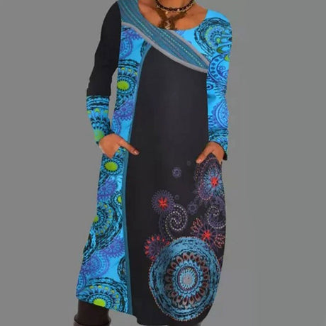 Vintage Print Pullover Klänning Med Fickor-Clothes for women-Hemnix-Blå-S-Hemnix