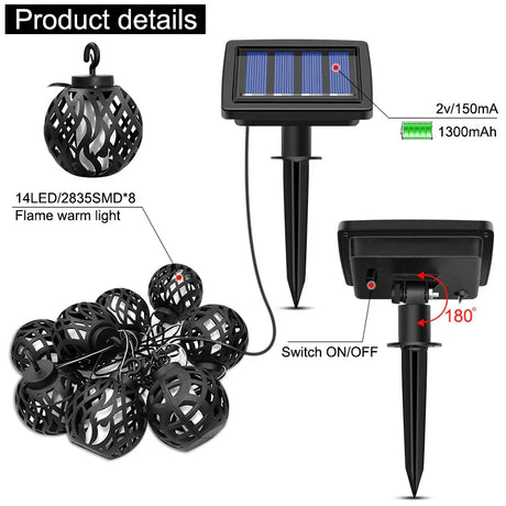 Carvallo Solarbelysning med flam-effekt | 8 LED-lampor | IP44 Vattentålig | För trädgård, terrass och balkong Carvallo