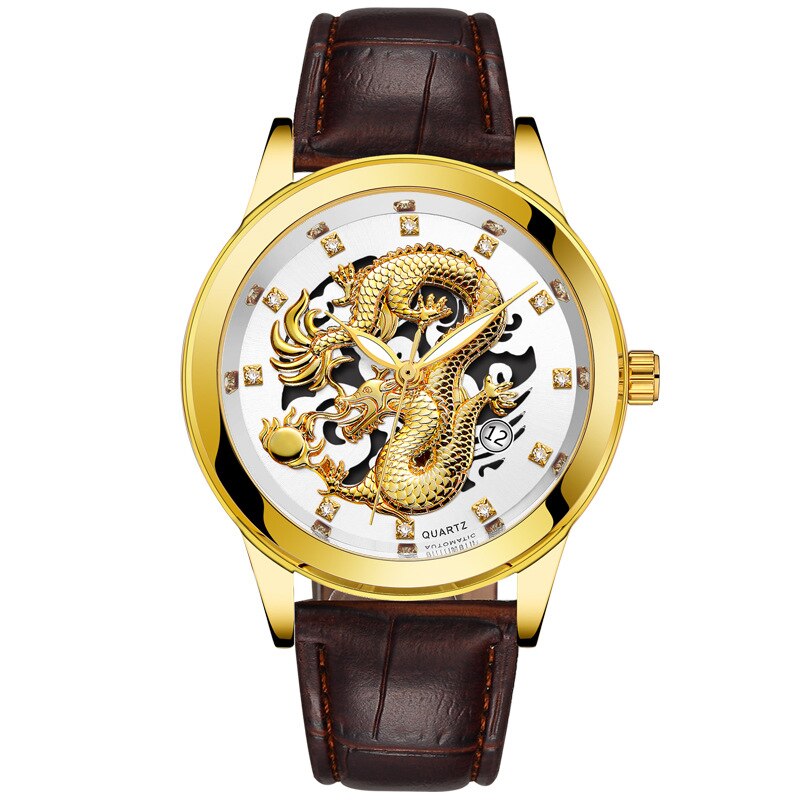 Ultratunn Golden Dragon Klocka-Watches for men-Hemnix-Vit läder-Hemnix