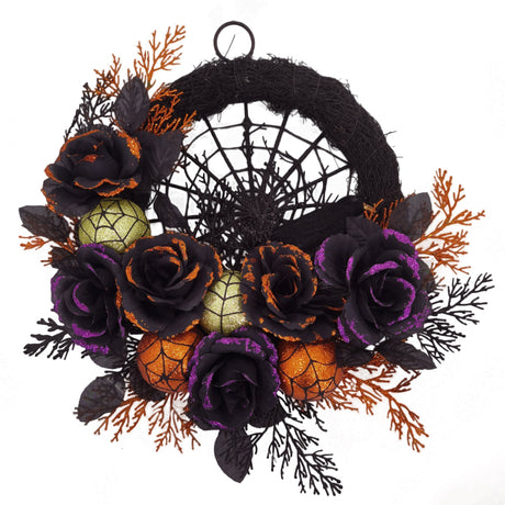 Mörk elegans Halloweenkrans – Glittrig spindelnäts- och svart rosdekoration till ytterdörren MILA Sverige