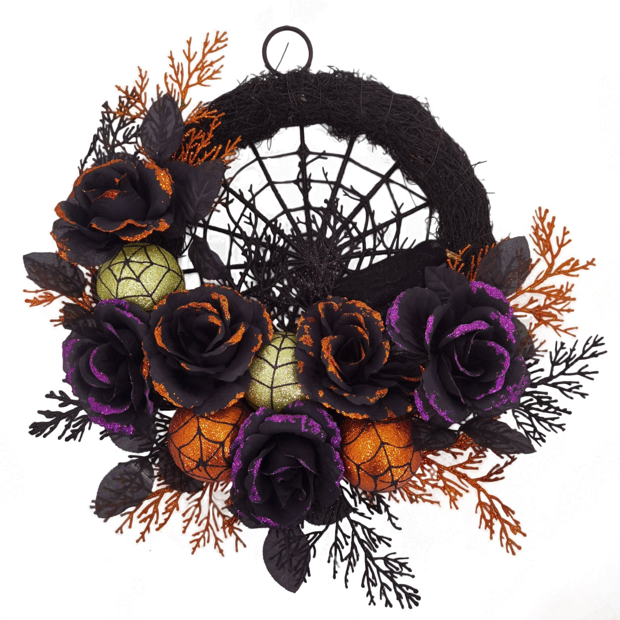 Mörk elegans Halloweenkrans – Glittrig spindelnäts- och svart rosdekoration till ytterdörren MILA Sverige