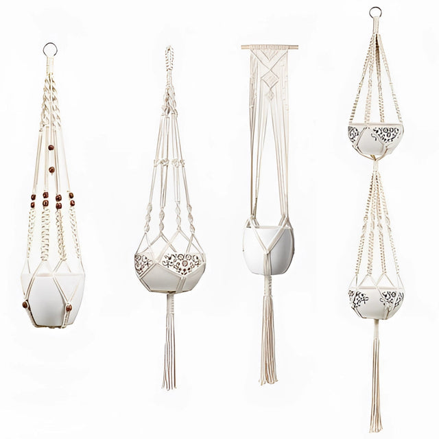 Handgjorda Boho Makramee Växthängare Set av 4 – Stilsäkra Inomhus Växtstöd för Vardagsrum och Kök Carvallo