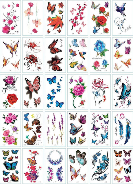3D Tatuering Klistermärken-Beauty-Bellasverige-Fjärilar och blommor-Hemnix